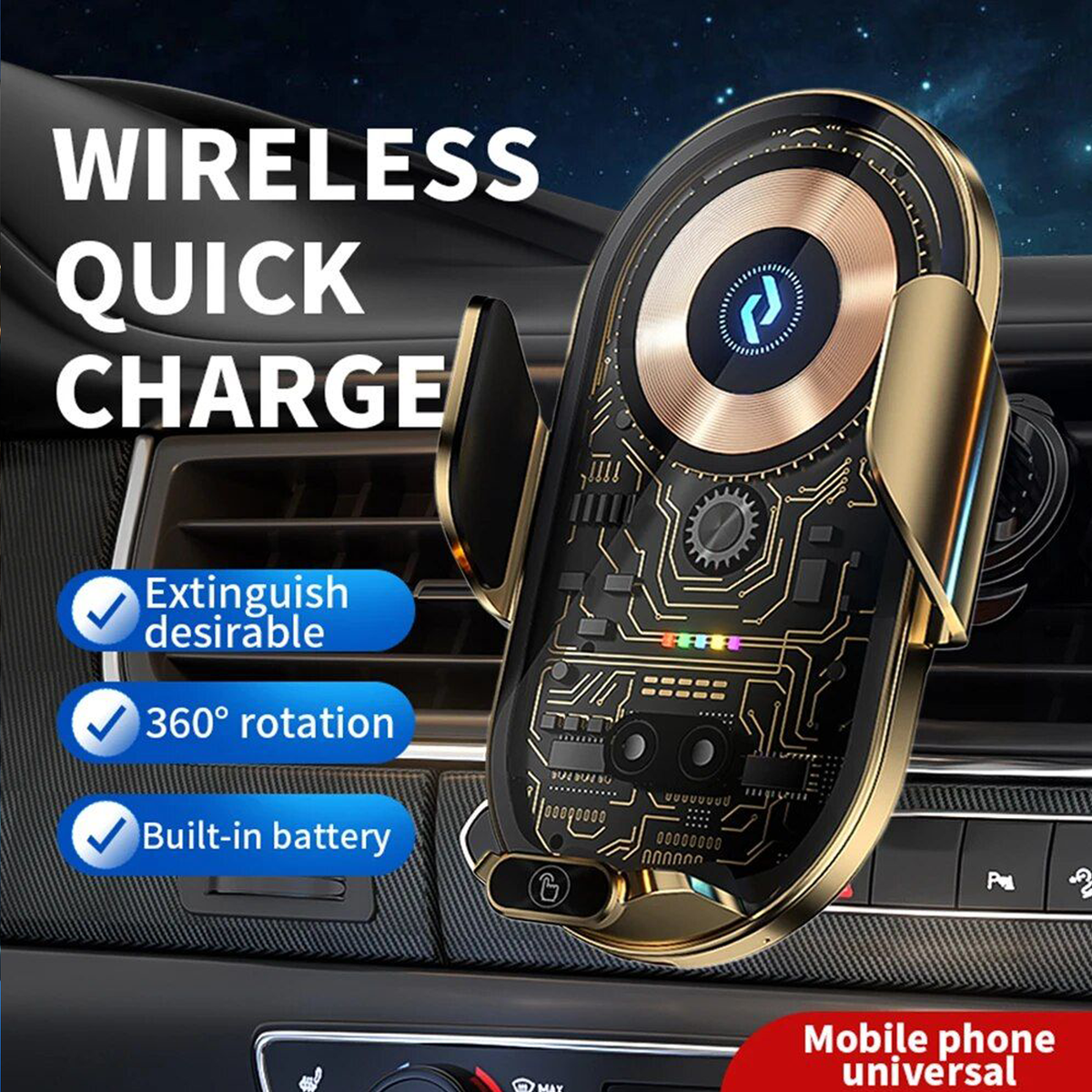 360° Rotating Wireless Car Charger Phone Holder