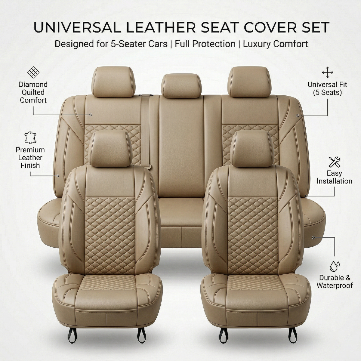 Premium 5Pcs Set Leather (Faux) Car Seat Cover Full Set | Sedan Car