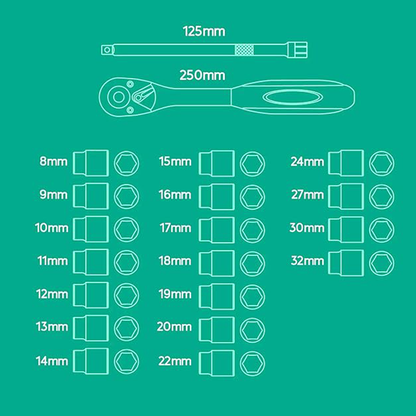 Steel Socket Wrench Set 20Pcs with Ratchet Handle