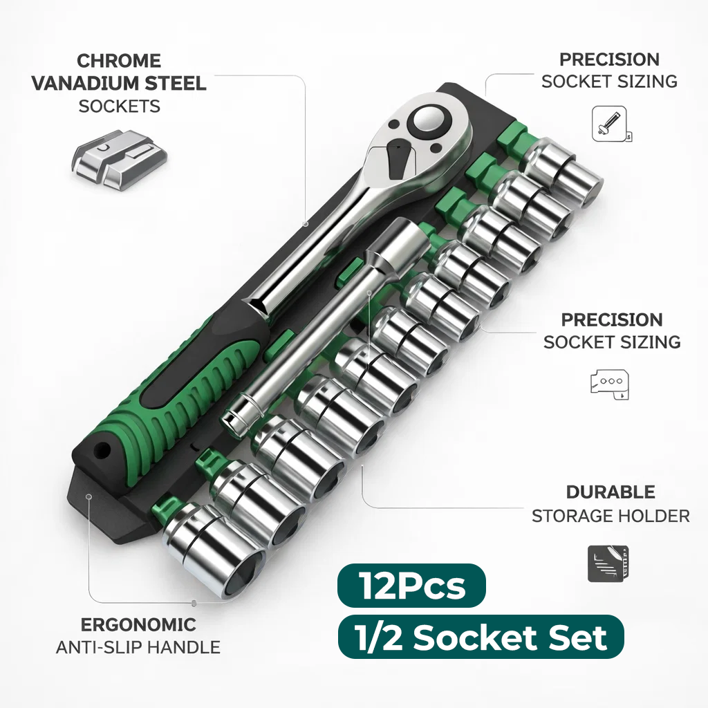 Steel Socket Wrench Set 12Pcs with Ratchet Handle