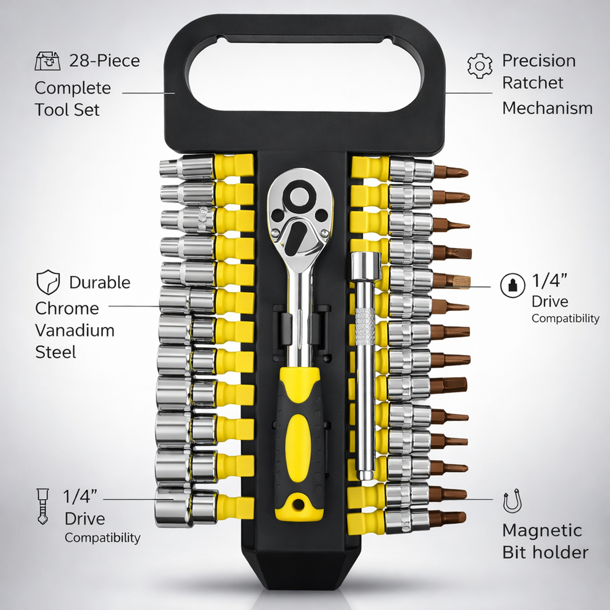Steel Socket Wrench Set 28Pcs with Ratchet Handle