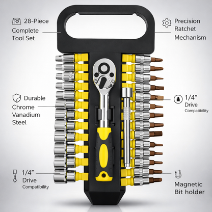 Steel Socket Wrench Set 28Pcs with Ratchet Handle