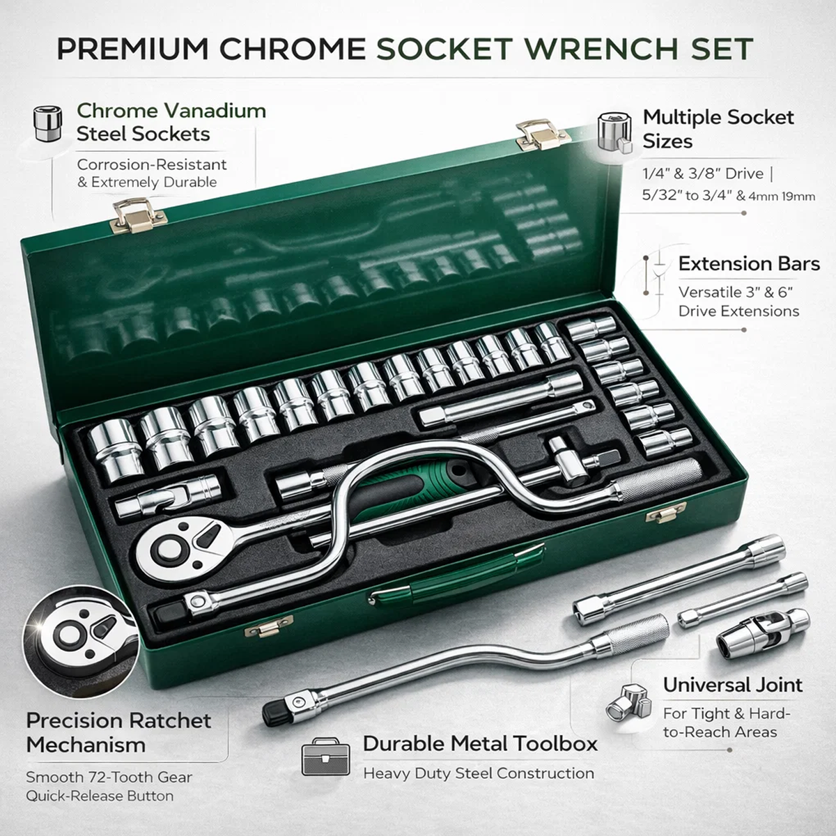 Steel Socket Wrench Set 24Pcs with Ratchet Handle