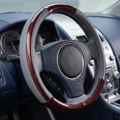 37cm Wood Grain & Leather Car Steering Cover