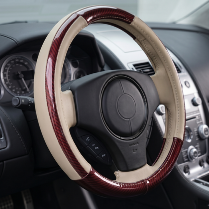 37cm Wood Grain & Leather Car Steering Cover