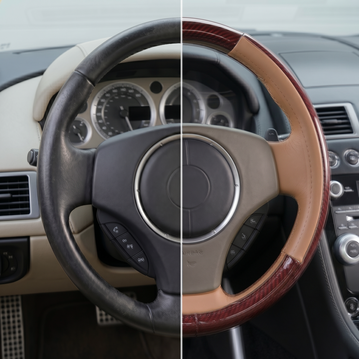37cm Wood Grain & Leather Car Steering Cover