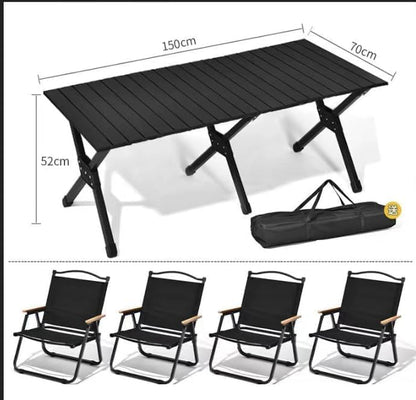 Folding Aluminum Camping Table & 4Pcs Chair - Black | 150cm | 120cm