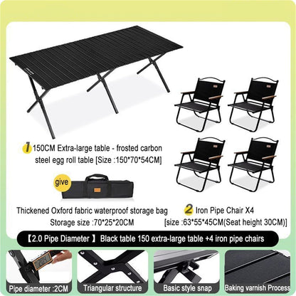 Folding Aluminum Camping Table & 4Pcs Chair - Black | 150cm | 120cm