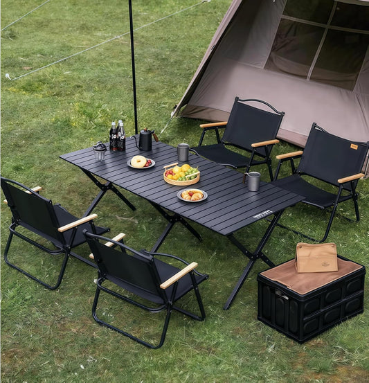 Folding Aluminum Camping Table & 4Pcs Chair - Black | 150cm | 120cm