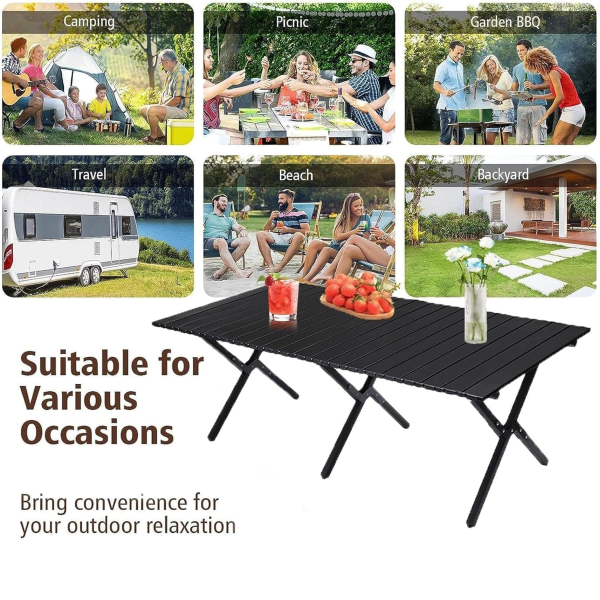 Folding Aluminum Camping Table & 4Pcs Chair - Black | 150cm | 120cm