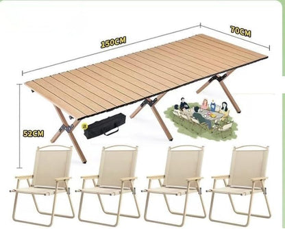 Folding Aluminum Camping Table & 4Pcs Chair - Beige | 150cm | 120cm