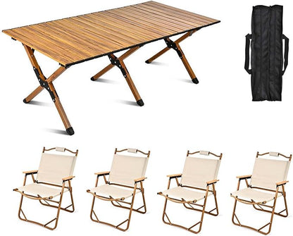 Folding Aluminum Camping Table & 4Pcs Chair - Beige | 150cm | 120cm