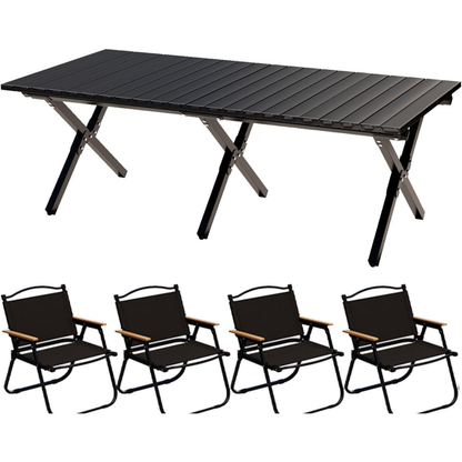 Folding Aluminum Camping Table & 4Pcs Chair - Black | 150cm | 120cm