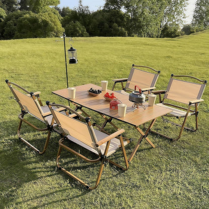 Folding Aluminum Camping Table & 4Pcs Chair - Beige | 150cm | 120cm