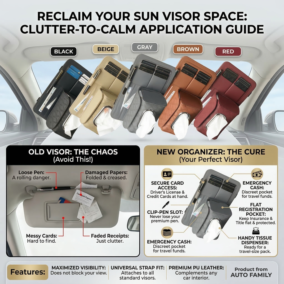Car Sun Visor Organizer with Tissue Holder