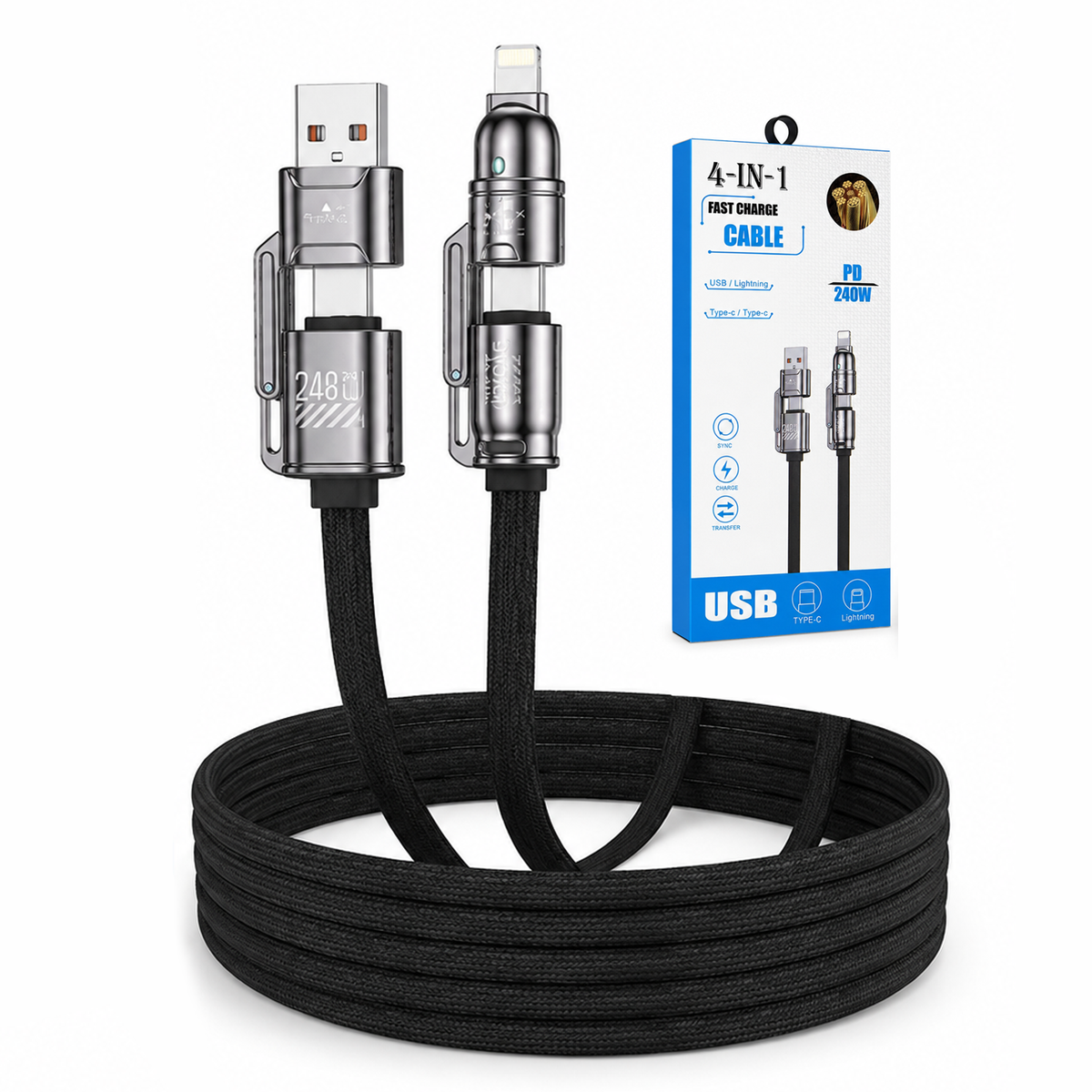 4-in-1 Fast Charging Cable 240W USB-A to Type-C/Lightning