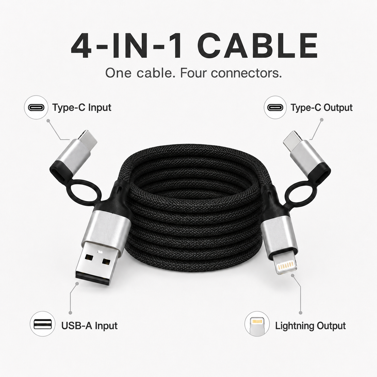 4-in-1 Fast Charging Cable USB A to USB C & Lightning