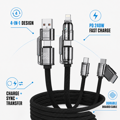 4-in-1 Fast Charging Cable 240W USB-A to Type-C/Lightning