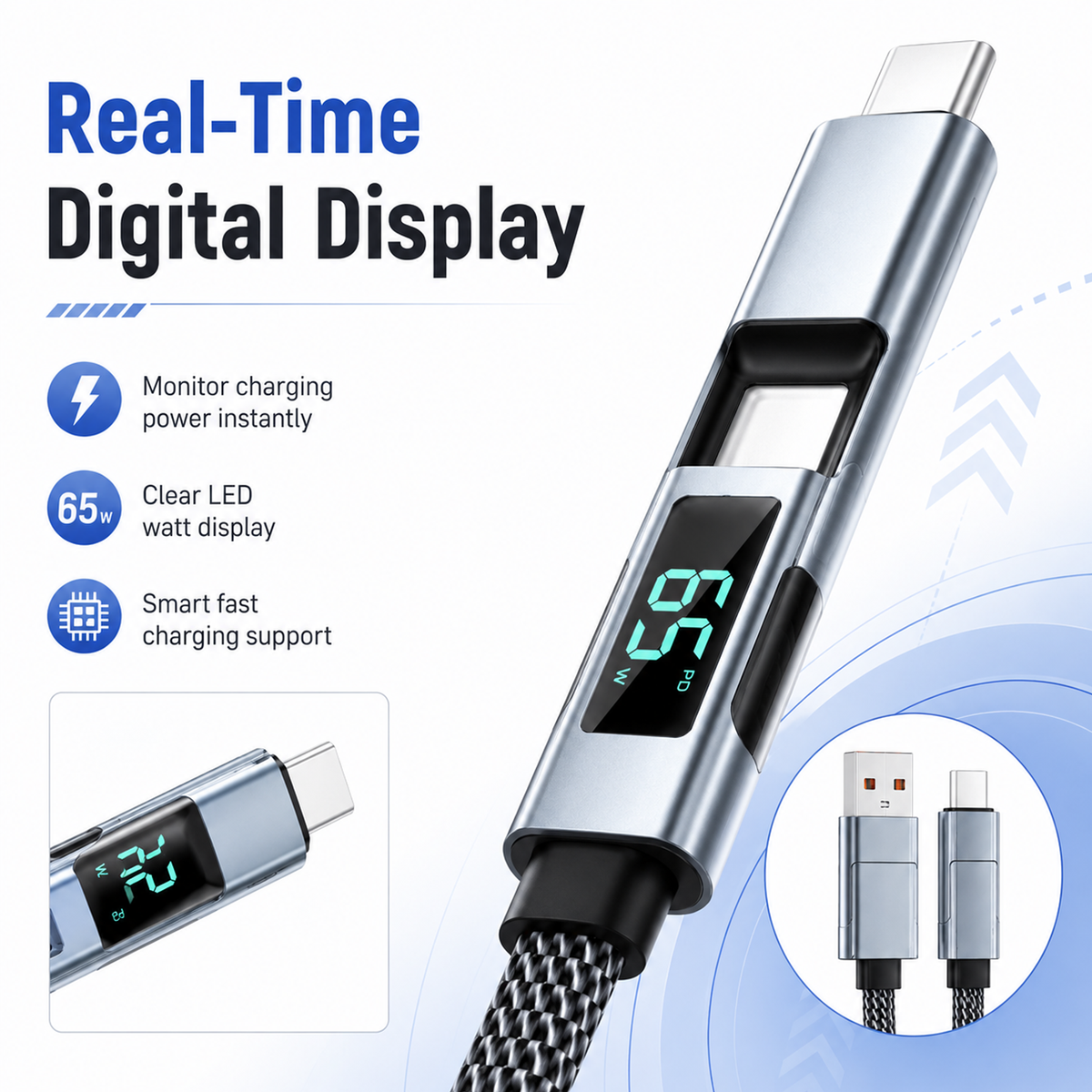 65W, USB-A to USB-C Fast Charging Cable with LED Display