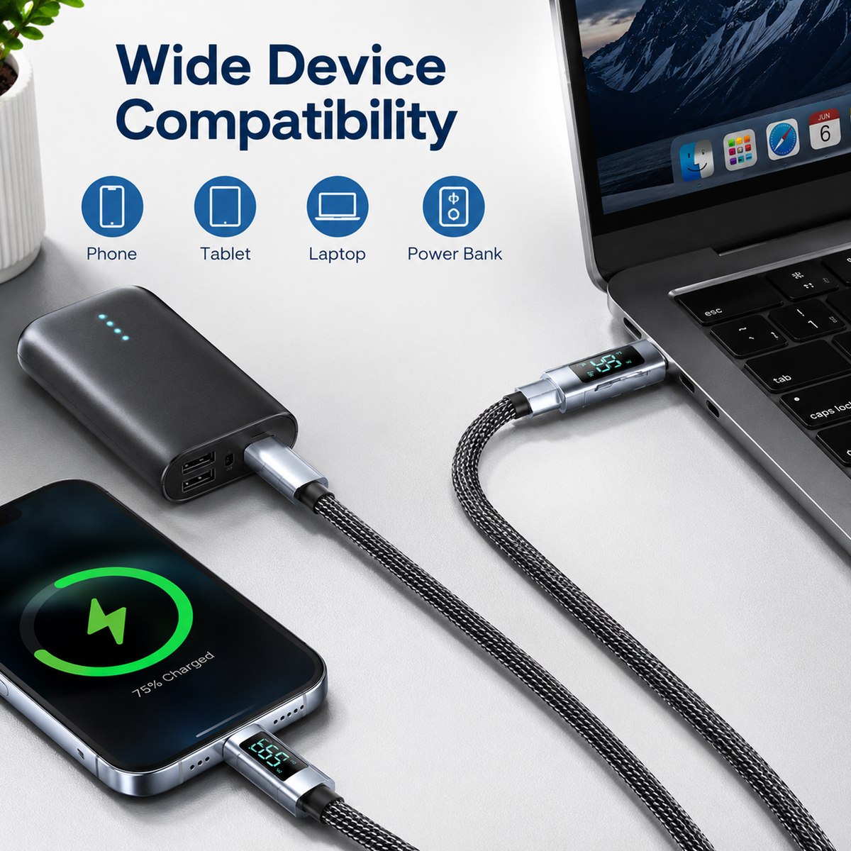 65W, USB-A to USB-C Fast Charging Cable with LED Display