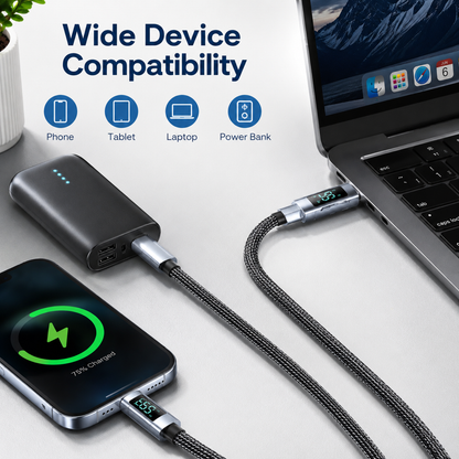 65W, USB-A to USB-C Fast Charging Cable with LED Display