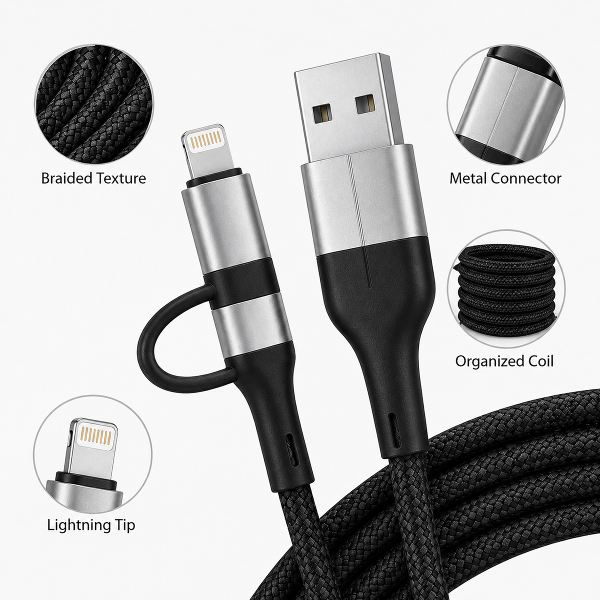 4-in-1 Fast Charging Cable USB A to USB C & Lightning