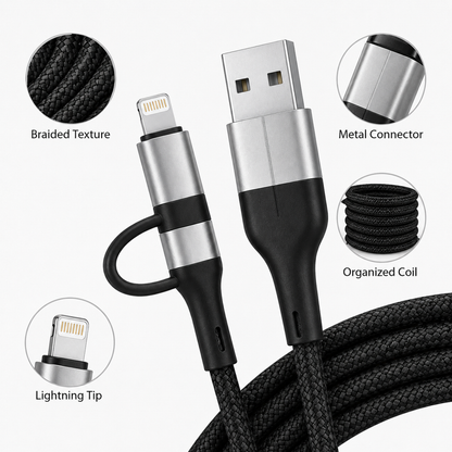 4-in-1 Fast Charging Cable USB A to USB C & Lightning