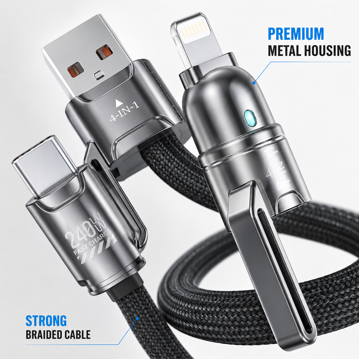 4-in-1 Fast Charging Cable 240W USB-A to Type-C/Lightning