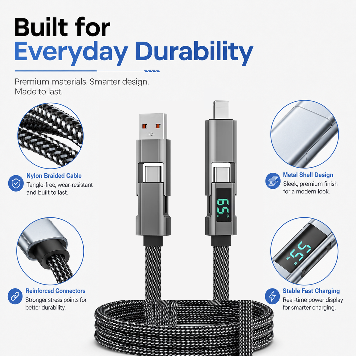 65W, USB-A to USB-C Fast Charging Cable with LED Display