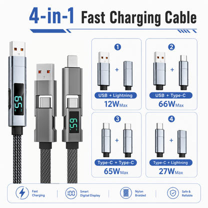 65W, USB-A to USB-C Fast Charging Cable with LED Display