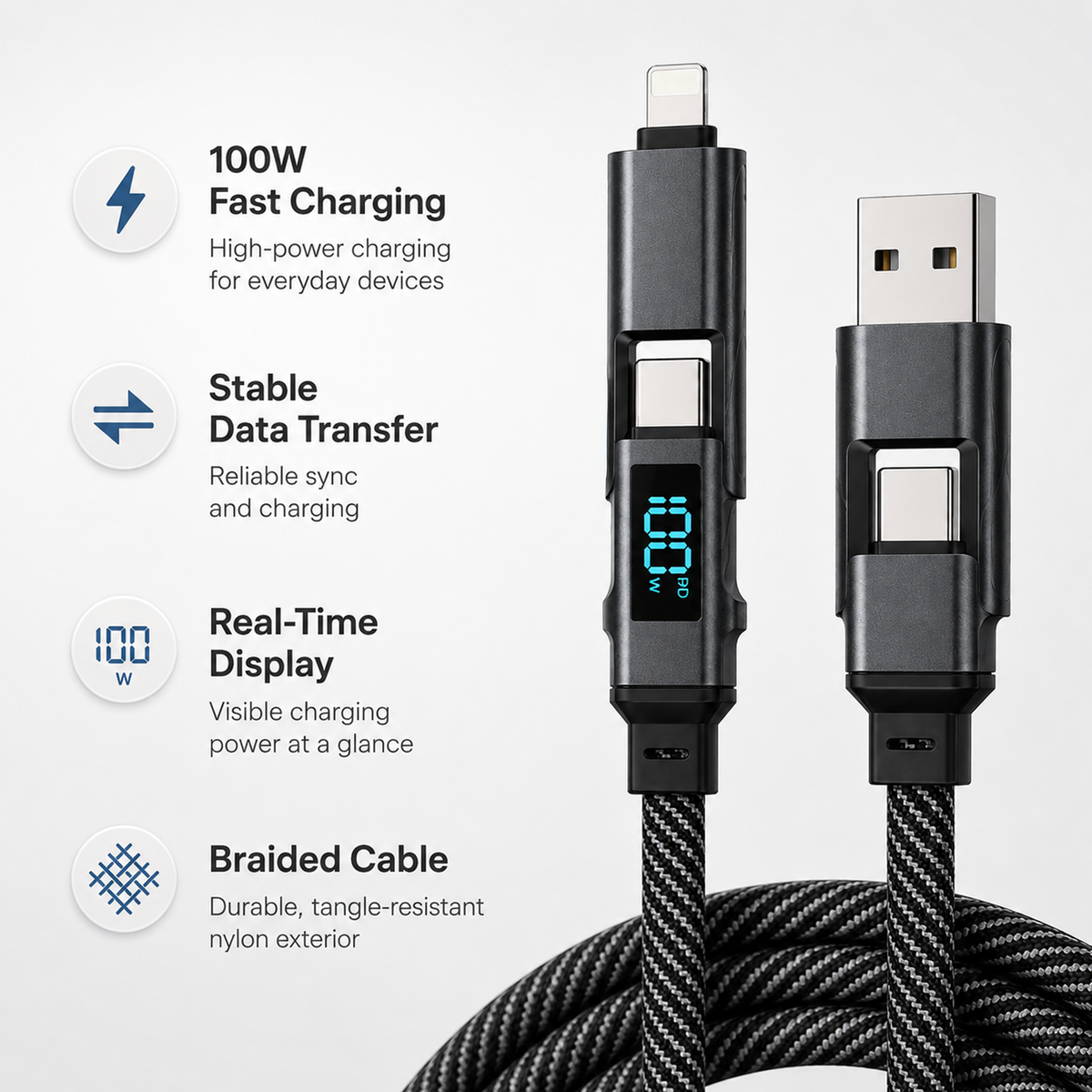 100W, USB-A to USB-C Fast Charging Cable with LED Display
