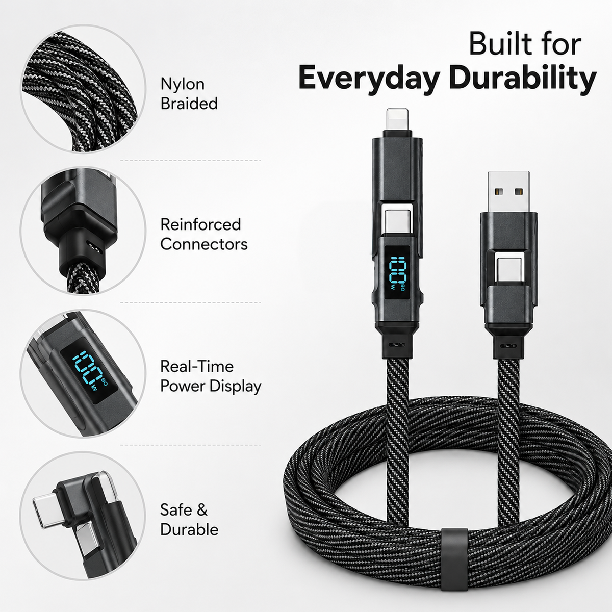 100W, USB-A to USB-C Fast Charging Cable with LED Display