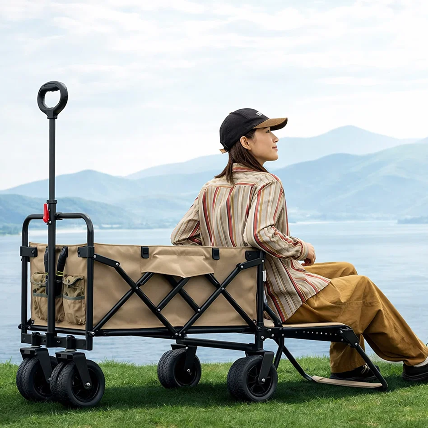 Collapsible Folding Camping Wagon with Locking System Tire, Portable Large Trolley cart, Bearing Heavy Capacity Beach Garden Shopping Carts & Stroller Wagon